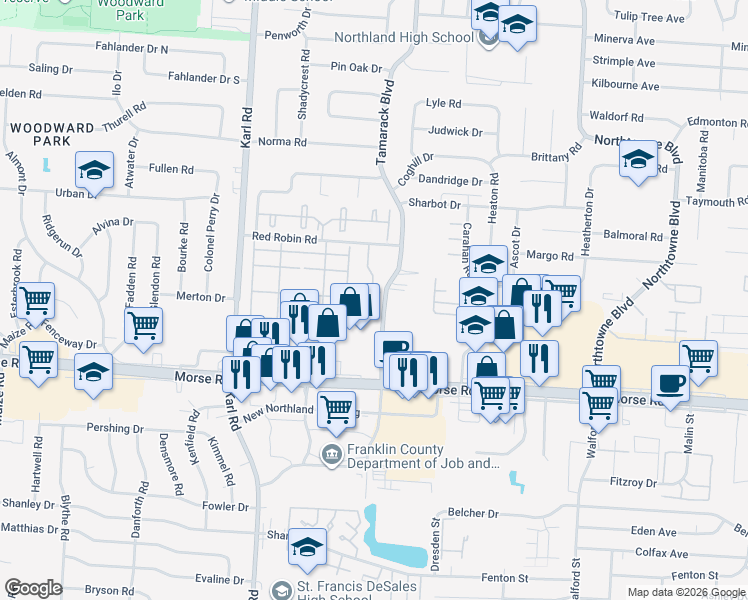 map of restaurants, bars, coffee shops, grocery stores, and more near 4665 Tamarack Boulevard in Columbus