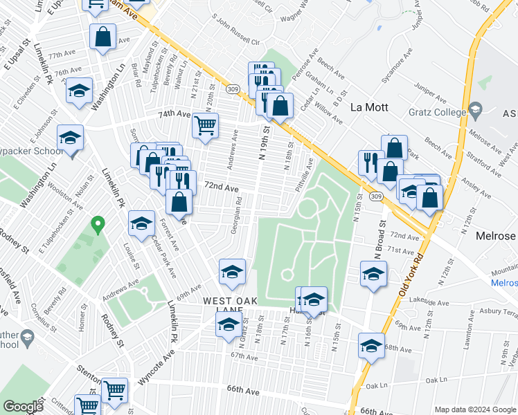 map of restaurants, bars, coffee shops, grocery stores, and more near 7153 North 19th Street in Philadelphia