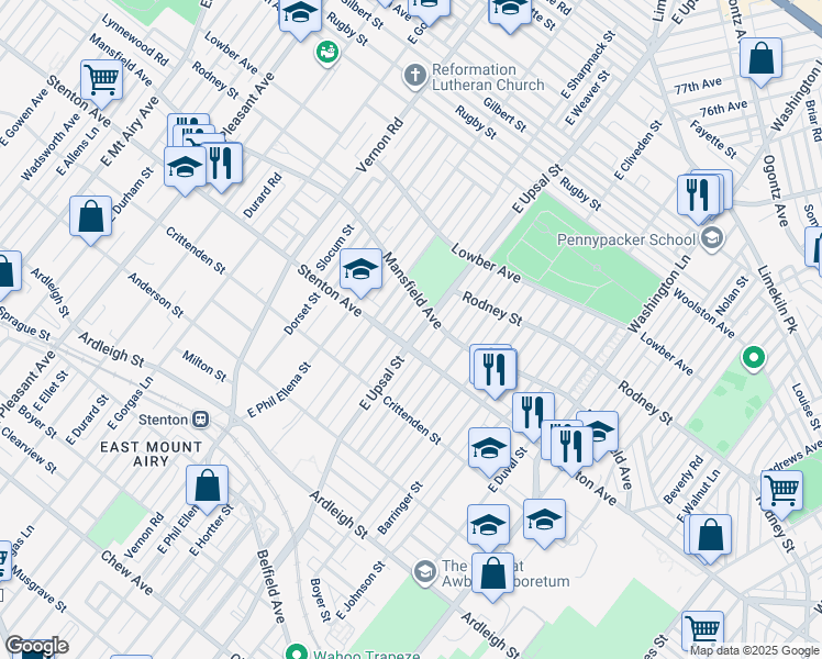 map of restaurants, bars, coffee shops, grocery stores, and more near 909 East Upsal Street in Philadelphia