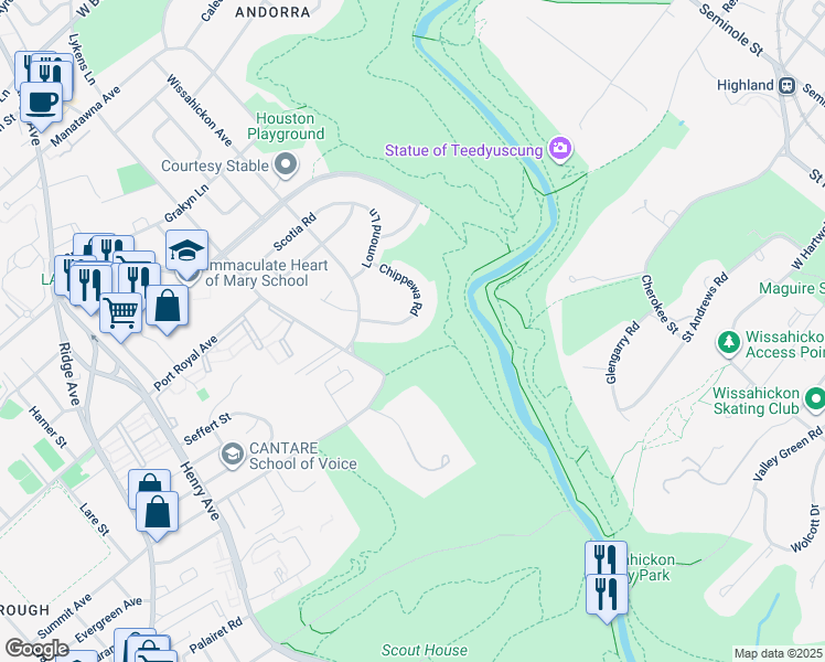 map of restaurants, bars, coffee shops, grocery stores, and more near 8416 Chippewa Road in Philadelphia
