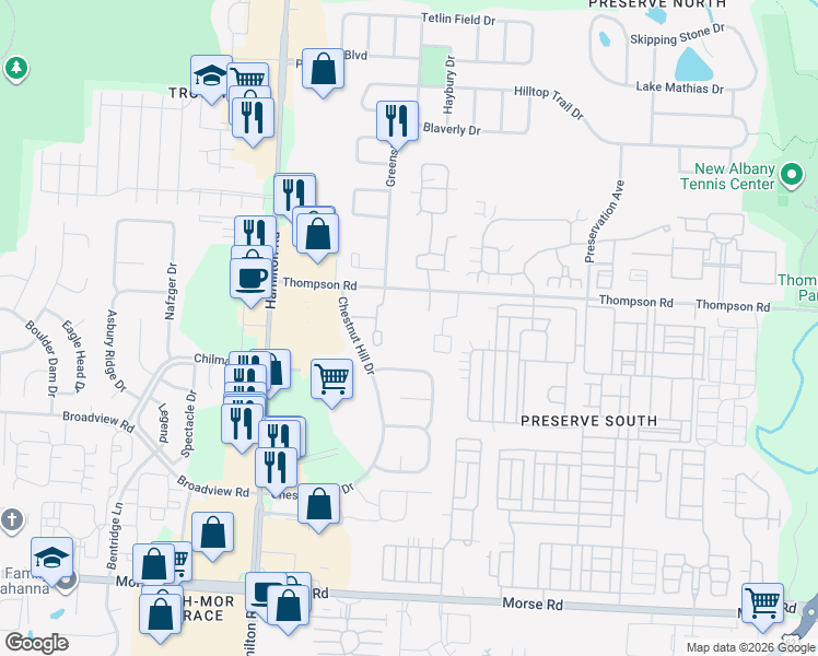 map of restaurants, bars, coffee shops, grocery stores, and more near 5055 Thompson Road in Columbus