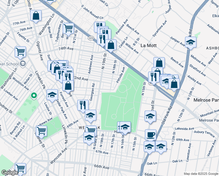 map of restaurants, bars, coffee shops, grocery stores, and more near 1803 Dallas Street in Philadelphia