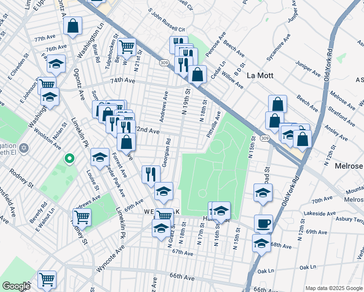map of restaurants, bars, coffee shops, grocery stores, and more near 7153 North 19th Street in Philadelphia