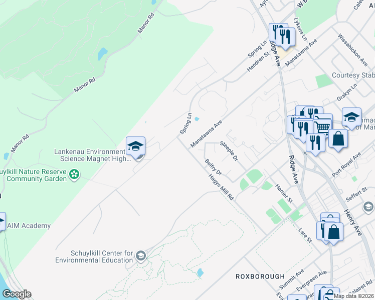 map of restaurants, bars, coffee shops, grocery stores, and more near 401 Manatawna Avenue in Philadelphia