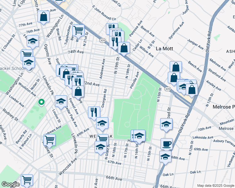 map of restaurants, bars, coffee shops, grocery stores, and more near 1827 Dallas Street in Philadelphia