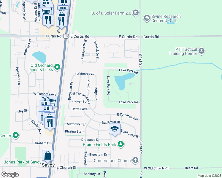 map of restaurants, bars, coffee shops, grocery stores, and more near 17 Lake Park Road in Champaign