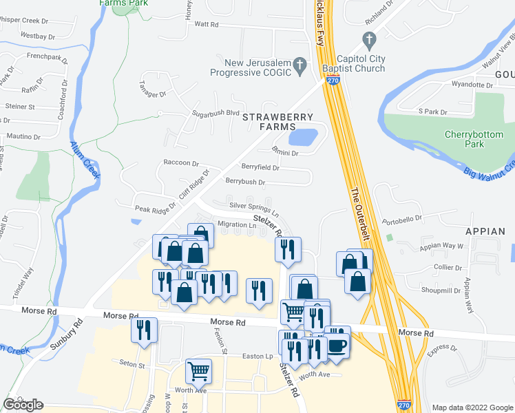 map of restaurants, bars, coffee shops, grocery stores, and more near 4131 Silver Springs Lane in Columbus