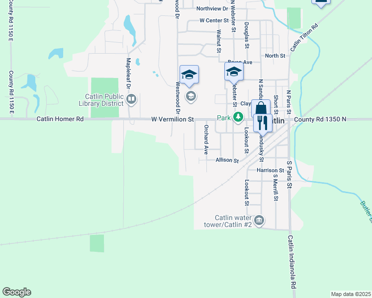 map of restaurants, bars, coffee shops, grocery stores, and more near 201 Martin Court in Catlin