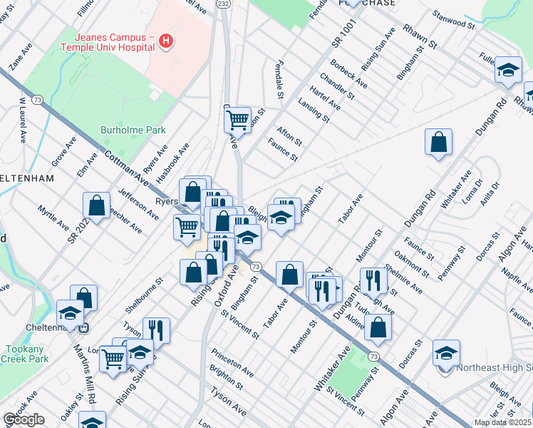 map of restaurants, bars, coffee shops, grocery stores, and more near 1005 Bleigh Avenue in Philadelphia