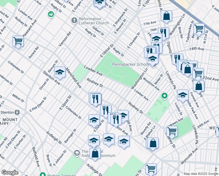 map of restaurants, bars, coffee shops, grocery stores, and more near 1600 East Barringer Street in Philadelphia