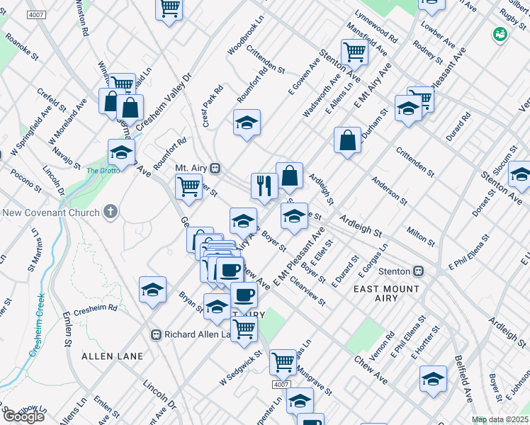 map of restaurants, bars, coffee shops, grocery stores, and more near 213 East Mount Airy Avenue in Philadelphia