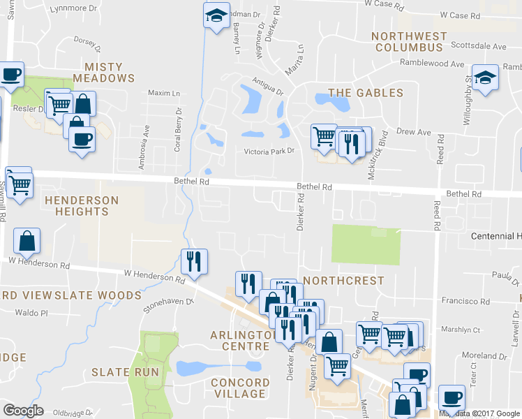 map of restaurants, bars, coffee shops, grocery stores, and more near 2229 Hedgerow Road in Columbus