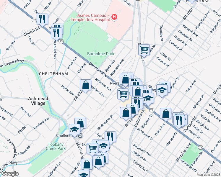 map of restaurants, bars, coffee shops, grocery stores, and more near 109 Jefferson Ave in Cheltenham