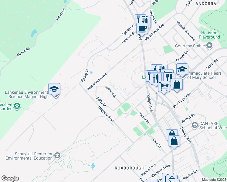 map of restaurants, bars, coffee shops, grocery stores, and more near 8629 Steeple Drive in Philadelphia