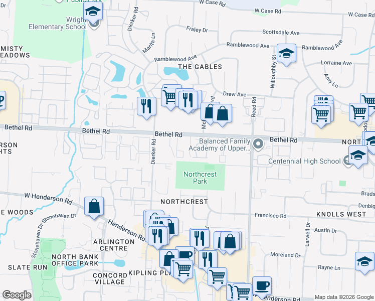 map of restaurants, bars, coffee shops, grocery stores, and more near 5260 Meadowknoll Lane in Columbus