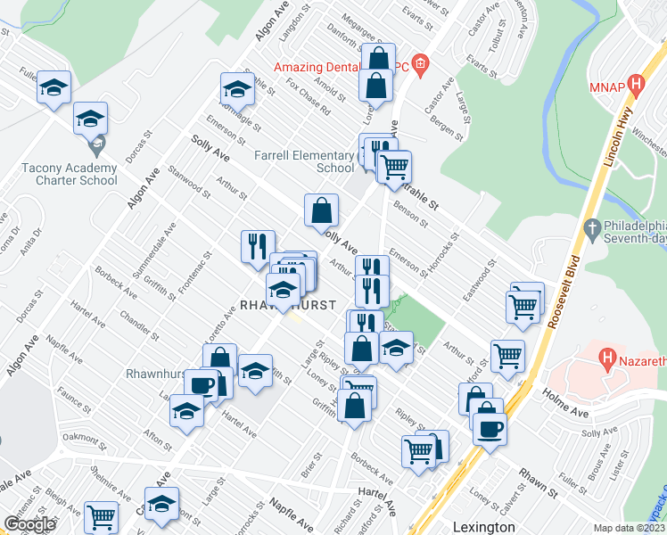 map of restaurants, bars, coffee shops, grocery stores, and more near 2008 Arthur Street in Philadelphia
