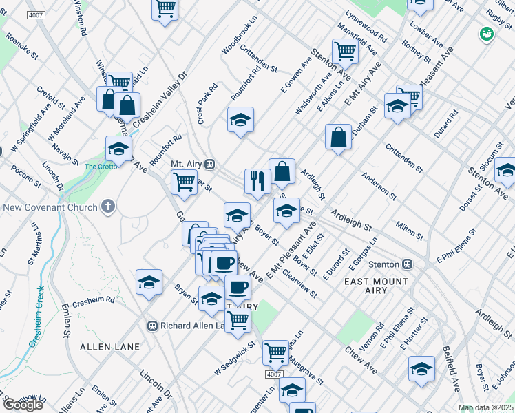 map of restaurants, bars, coffee shops, grocery stores, and more near 213 East Mount Airy Avenue in Philadelphia