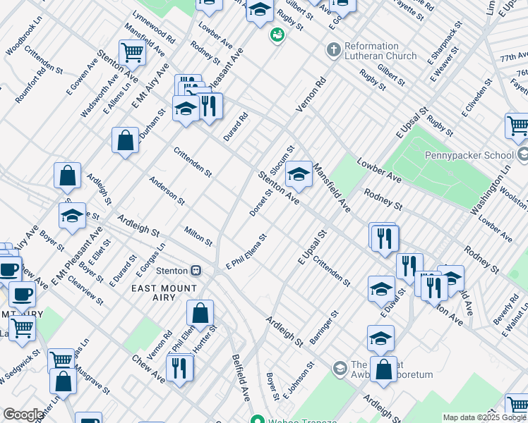 map of restaurants, bars, coffee shops, grocery stores, and more near 6721 Crittenden Street in Philadelphia