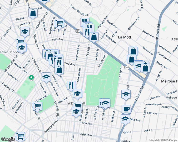 map of restaurants, bars, coffee shops, grocery stores, and more near 1827 Dallas Street in Philadelphia