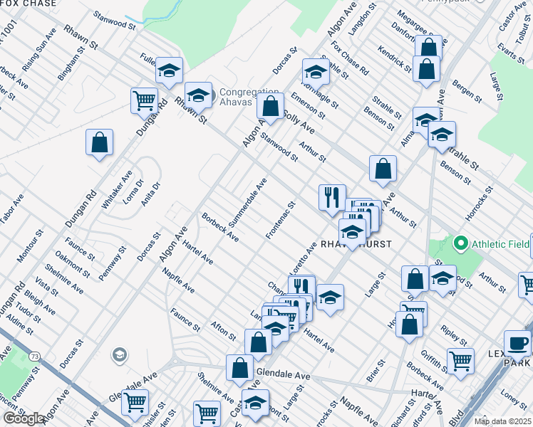 map of restaurants, bars, coffee shops, grocery stores, and more near 1725 Loney Street in Philadelphia
