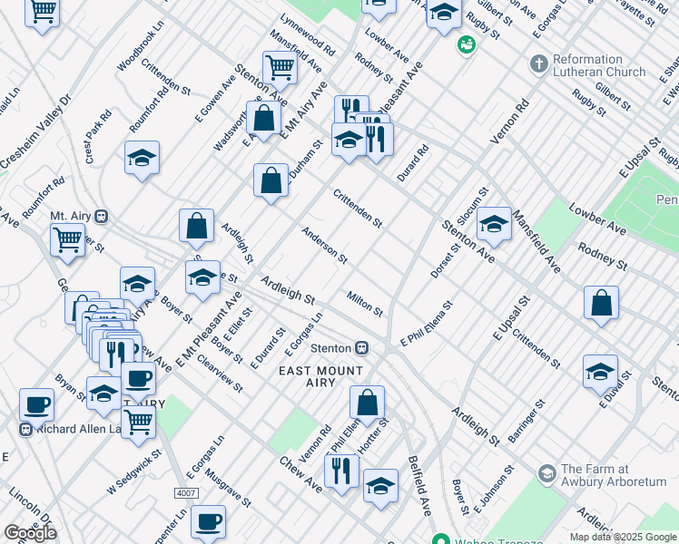 map of restaurants, bars, coffee shops, grocery stores, and more near 6908 Anderson Street in Philadelphia
