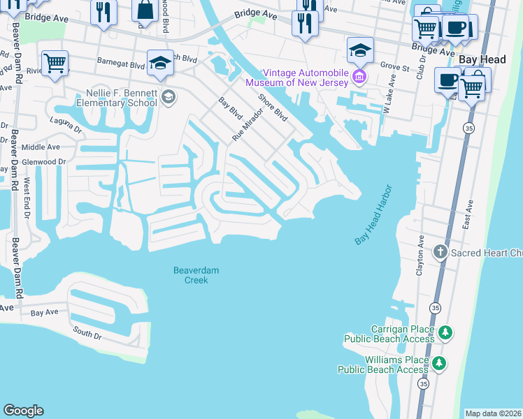 map of restaurants, bars, coffee shops, grocery stores, and more near 1707 Rue Mirador in Point Pleasant