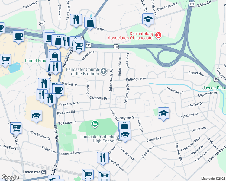 map of restaurants, bars, coffee shops, grocery stores, and more near 407 Friendship Avenue in Lancaster