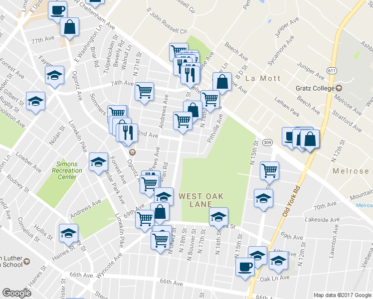 map of restaurants, bars, coffee shops, grocery stores, and more near 1831 Dallas Road in Philadelphia