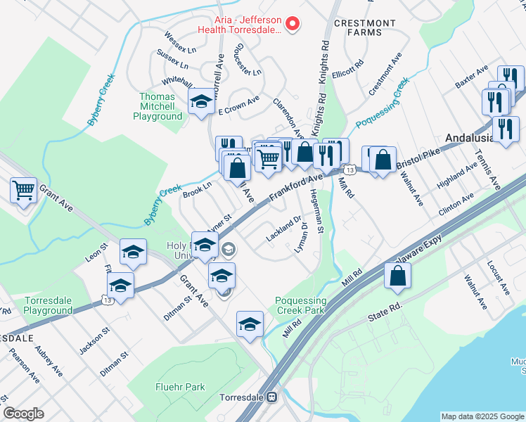 map of restaurants, bars, coffee shops, grocery stores, and more near 9893 Frankford Avenue in Philadelphia