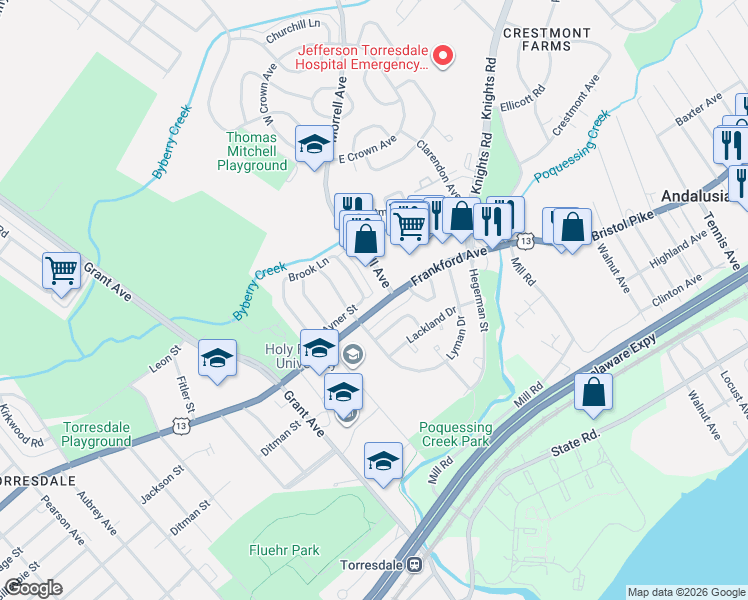 map of restaurants, bars, coffee shops, grocery stores, and more near 3999 Rowena Drive in Philadelphia