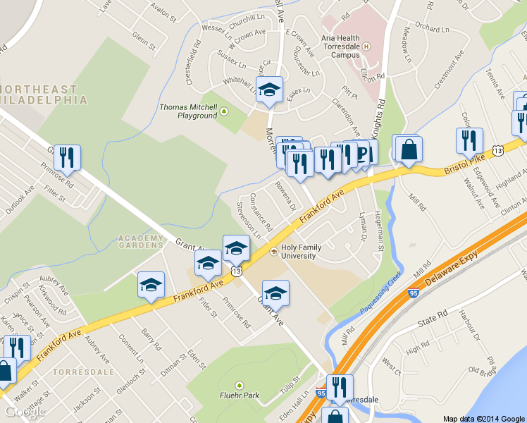 map of restaurants, bars, coffee shops, grocery stores, and more near 3950 Constance Road in Philadelphia