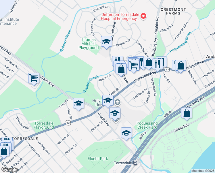 map of restaurants, bars, coffee shops, grocery stores, and more near 3950 Constance Road in Philadelphia