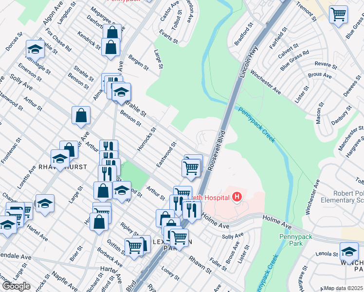 map of restaurants, bars, coffee shops, grocery stores, and more near 2265 Strahle Street in Philadelphia