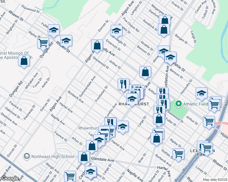map of restaurants, bars, coffee shops, grocery stores, and more near 1827 Rhawn Street in Philadelphia