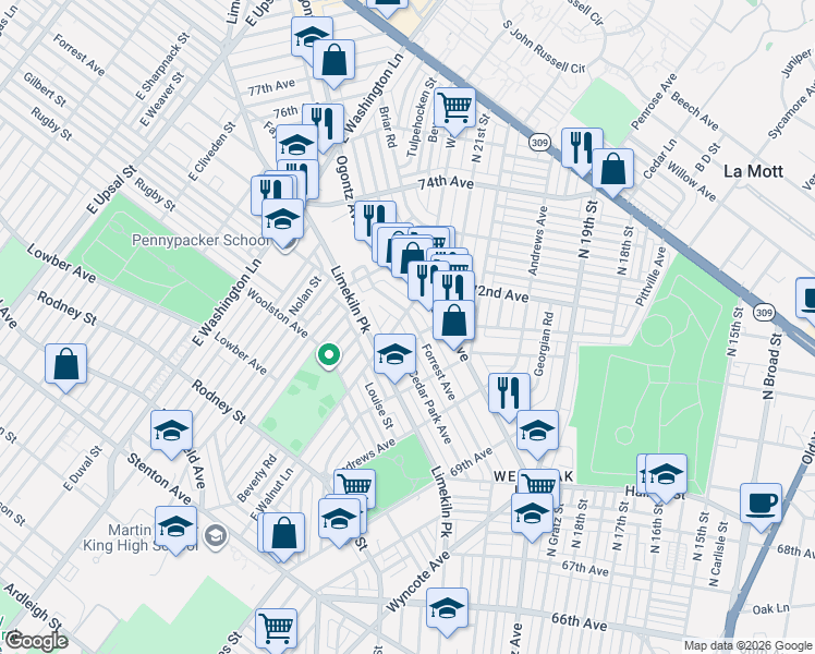 map of restaurants, bars, coffee shops, grocery stores, and more near 7202 Forrest Avenue in Philadelphia