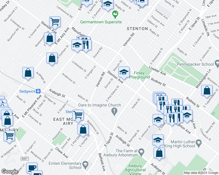 map of restaurants, bars, coffee shops, grocery stores, and more near 6721 Crittenden Street in Philadelphia