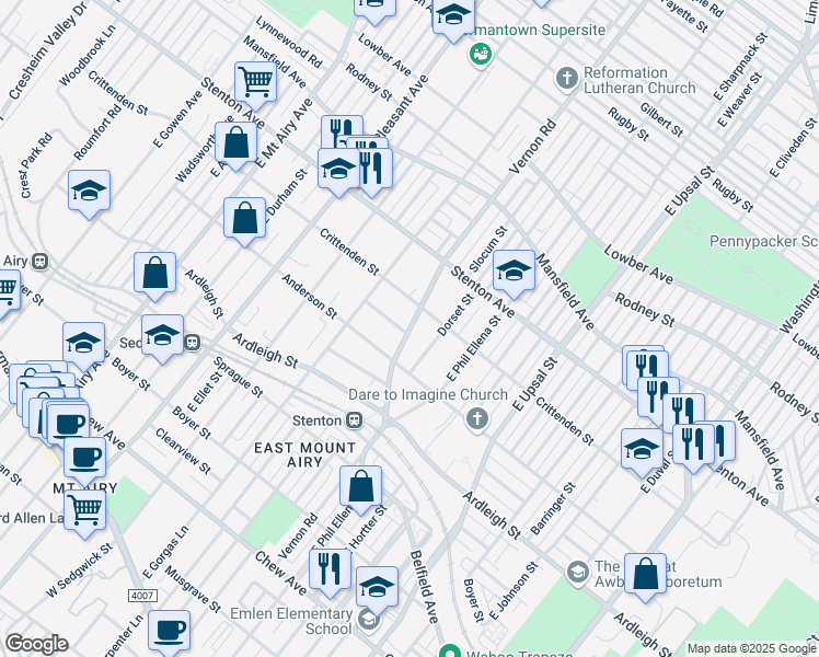 map of restaurants, bars, coffee shops, grocery stores, and more near 725 Vernon Road in Philadelphia