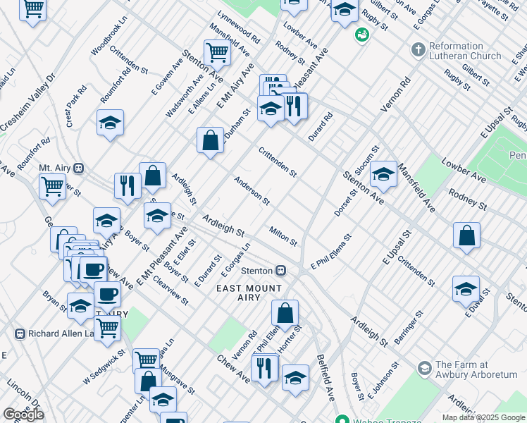 map of restaurants, bars, coffee shops, grocery stores, and more near 6908 Anderson Street in Philadelphia