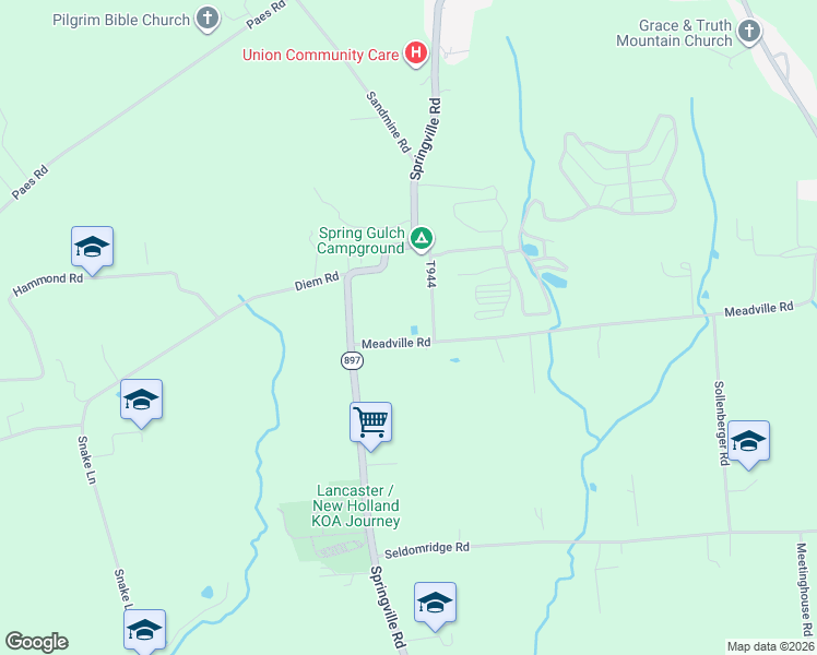 map of restaurants, bars, coffee shops, grocery stores, and more near 5377 Meadville Road in New Holland