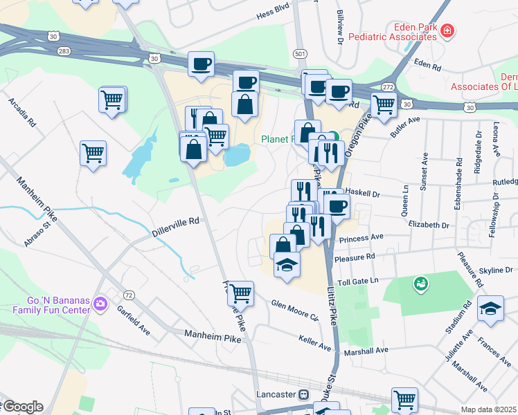 map of restaurants, bars, coffee shops, grocery stores, and more near 84 Glen Moore Circle in Lancaster