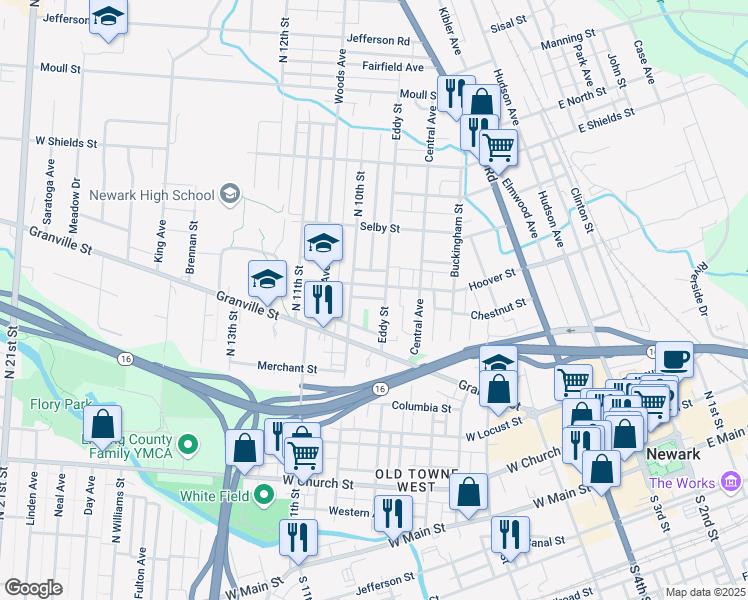 map of restaurants, bars, coffee shops, grocery stores, and more near 219 Hoover Street in Newark