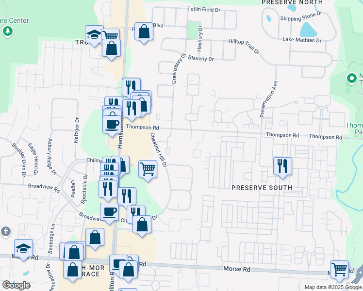 map of restaurants, bars, coffee shops, grocery stores, and more near 5055 Thompson Road in Columbus