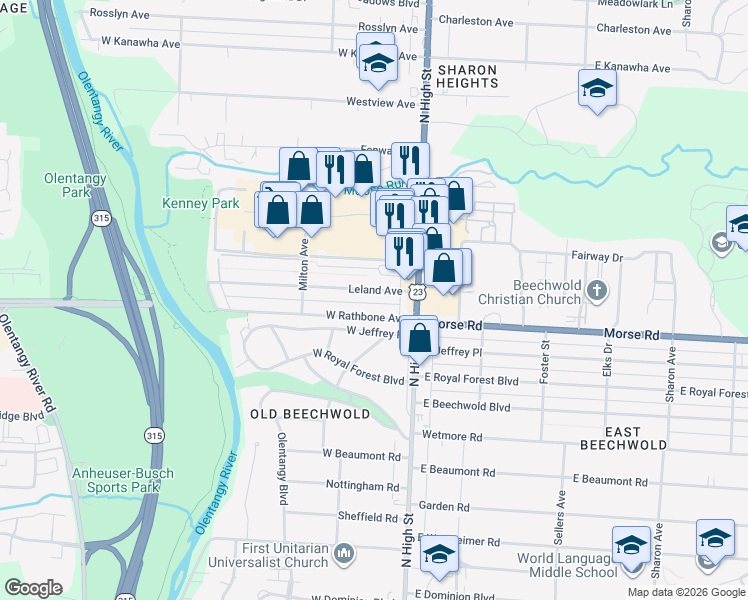 map of restaurants, bars, coffee shops, grocery stores, and more near 93 Leland Avenue in Columbus