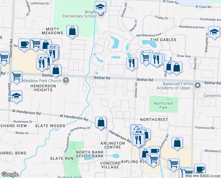 map of restaurants, bars, coffee shops, grocery stores, and more near 2279 Hedgerow Road in Columbus