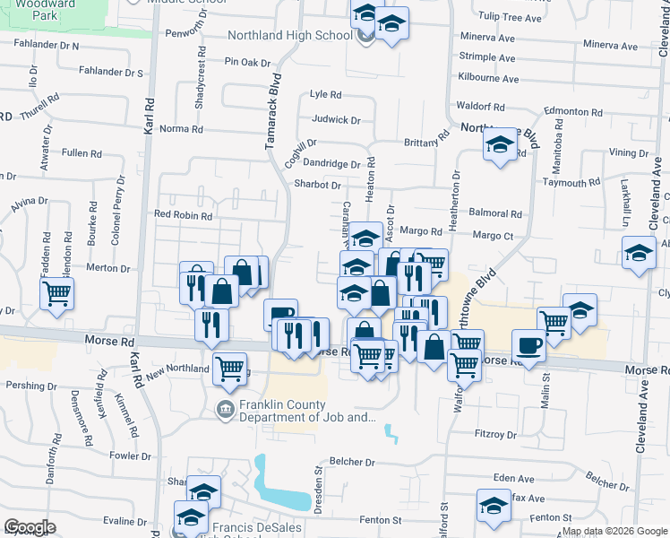 map of restaurants, bars, coffee shops, grocery stores, and more near 1895 Shady Court in Columbus