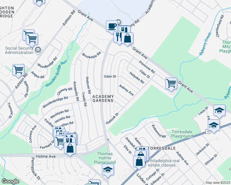 map of restaurants, bars, coffee shops, grocery stores, and more near 3444 Kirkwood Road in Philadelphia