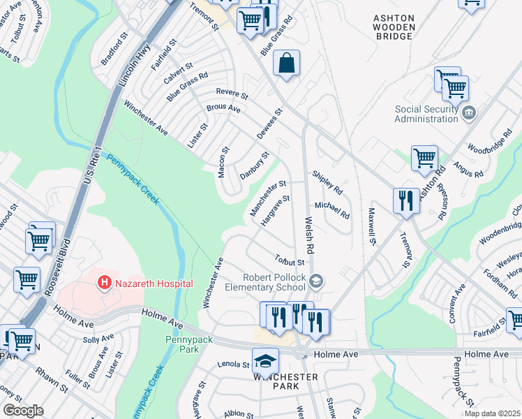 map of restaurants, bars, coffee shops, grocery stores, and more near 8815 Manchester Street in Philadelphia