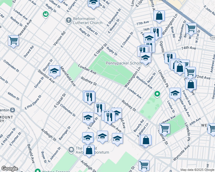 map of restaurants, bars, coffee shops, grocery stores, and more near 1609 East Johnson Street in Philadelphia