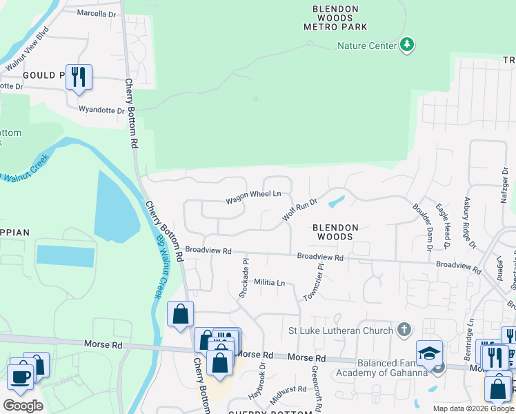 map of restaurants, bars, coffee shops, grocery stores, and more near 5213 Wagon Wheel Lane in Gahanna