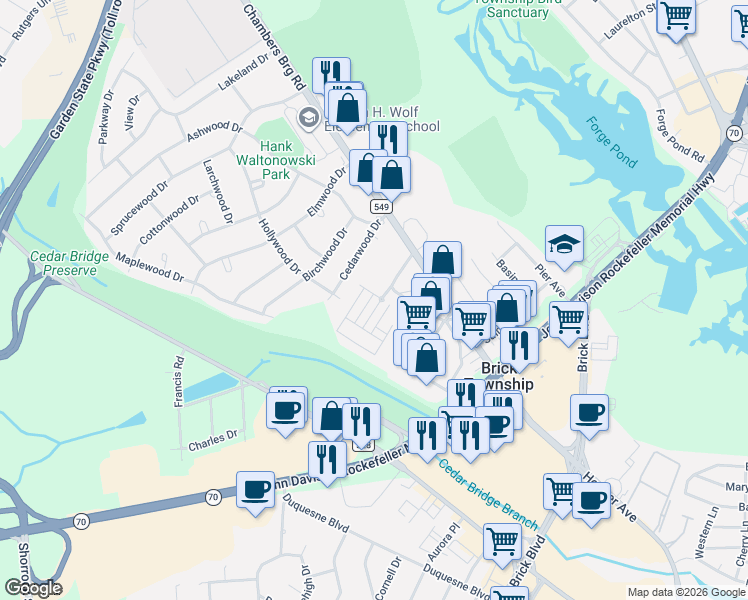 map of restaurants, bars, coffee shops, grocery stores, and more near 101 Celebration Boulevard in Brick Township